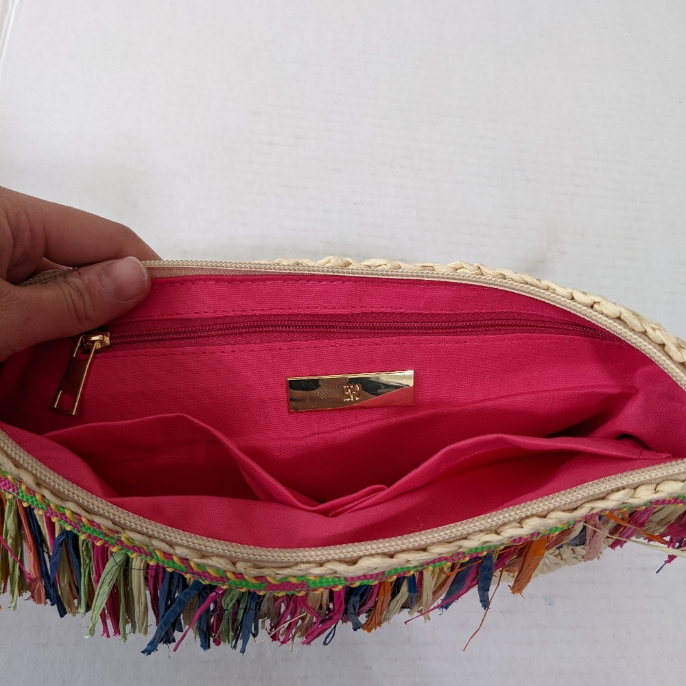 I.N.C Raffia Straw Colorful Fringe Trim Wristlet Clutch Crossbody Bag Resort - Picture 8 of 10
